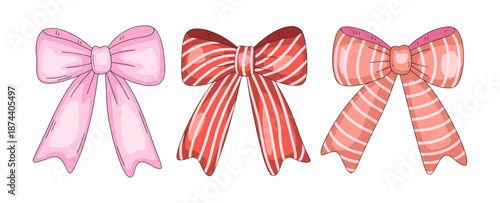 Crayon bows set. Coquette style ribbons and bows striped and plaid, aesthetic vintage elegant cliparts. Hand drawn pencil art decor, bowknots for girly, birthday, gift, wedding. Vector illustration