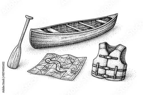 Vintage camping adventure: canoe, paddle, map, and life jacket in retro style