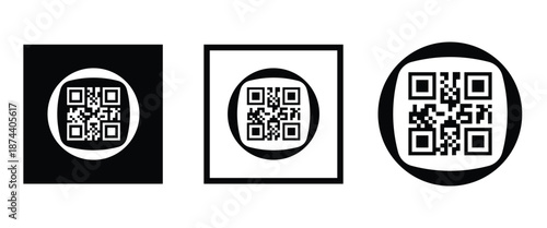 Three bold black square frames, each containing a classic black and white QR code pattern. Clean, minimalist vector design arranged horizontally on transparent background. Ideal for tech branding.