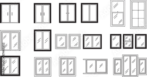 Various window designs in a minimalist architectural illustration, showcasing the versatility and different styles of windows used in architecture.