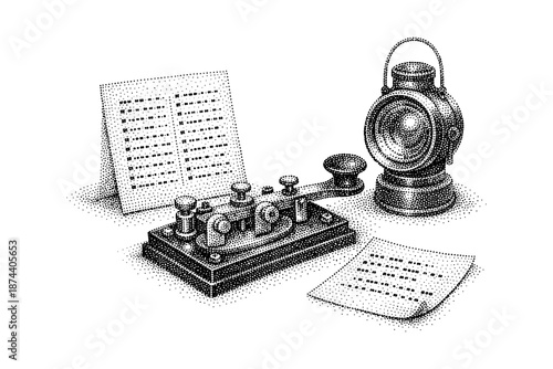 Vintage dotwork morse code telegraph with lantern and papers