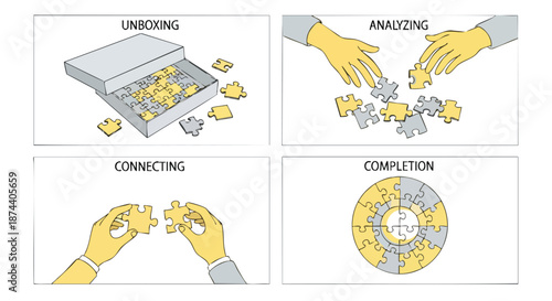 Sequential illustration of puzzle assembly process showing unboxing analyzing connecting and completion against a white background a metaphor for