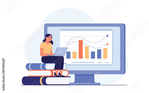 Woman analyzes data on laptop, on books, by monitor with charts; a vital vector of digital learning and business growth