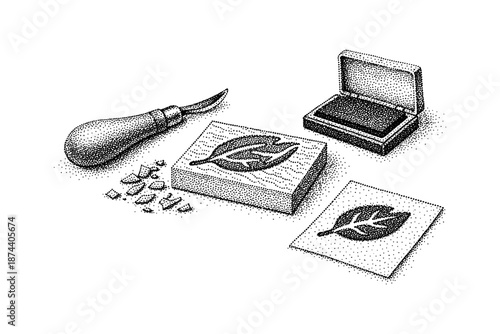 Vintage dotwork style leaf stamp set with carving tool and ink pad