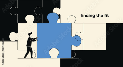 Man aligning a large blue puzzle piece with unfinished jigsaw pieces in a conceptual scene representing finding the perfect solution or connection