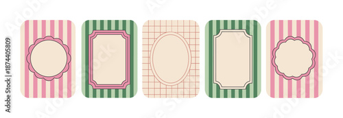 Set of hand drawn border frames. trendy vintage backgrounds in red, green and pink colors. Minimalist holiday posters, invitation, greeting card. Vector illustration.