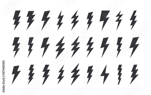 Lightning bolt icon. Flash symbol, thunderbolt, blitz lightnings strike sign. Electric energy black silhouettes, power concept. Vector isolated dynamic sports logo set