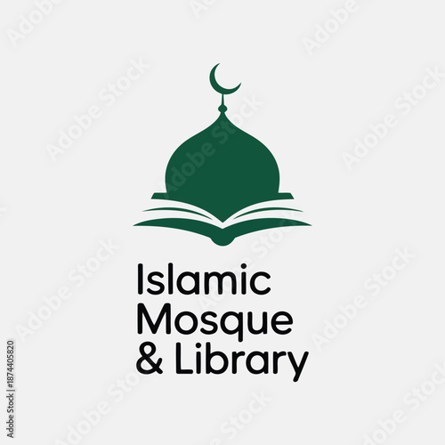A conceptual vector of an Islamic mosque and library logo, featuring a green dome, crescent moon, and open book, symbolizing spiritual knowledge and cultural learning