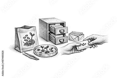 Gardening and organizing in dot art style with seedlings and storage solutions