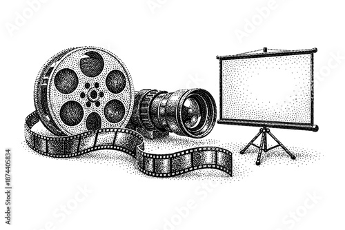 Vintage cinema equipment with film reel and screen in stipple art style