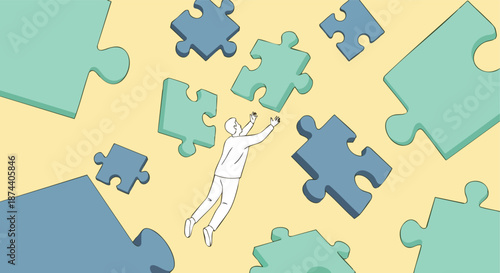 A solitary figure reaching for scattered puzzle pieces against a soft yellow backdrop representing the quest for solutions and understanding