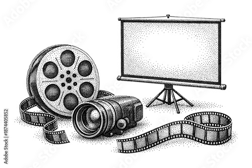 Vintage film equipment with projector, camera, and film roll in engraving style