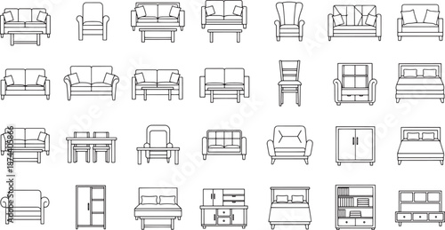 A comprehensive collection of furniture outlines, showcasing various designs, from classic to contemporary styles. This vector illustrates diverse domestic items.
