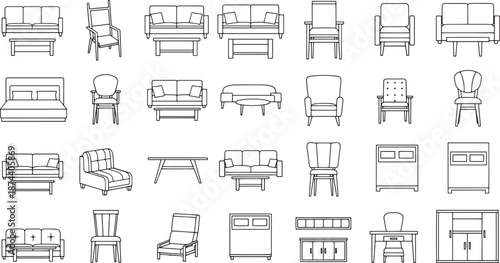 A collection of various pieces of furniture showcased in a minimalist and structured array, perfect for architectural designs, interior design, and home decor projects.