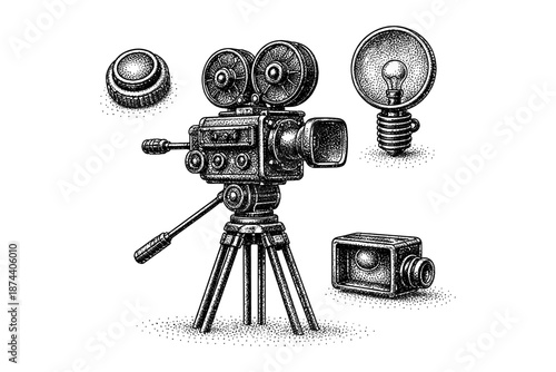 Vintage film equipment with classic camera, light bulb, and projector design in stipple art style