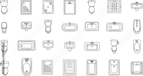 A collection of meticulously detailed line drawings of essential bathroom fixtures, offering a comprehensive overview of various design options and layouts.