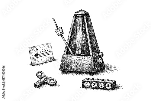 Retro metronome in pointillism style with music note card and key