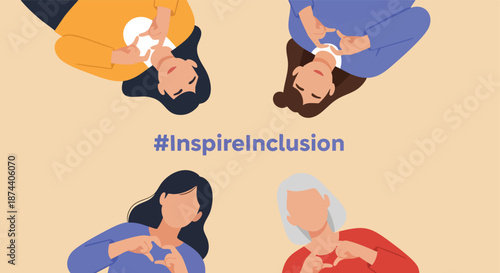 Diverse women forming hearts with hands and the hashtag InspireInclusion symbolizing unity and belonging on a plain background promoting social