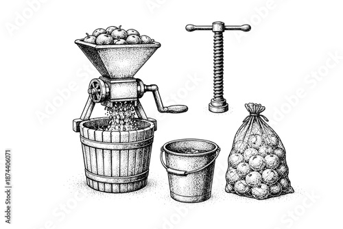 Vintage apple crusher and press with metal gear and wooden barrel