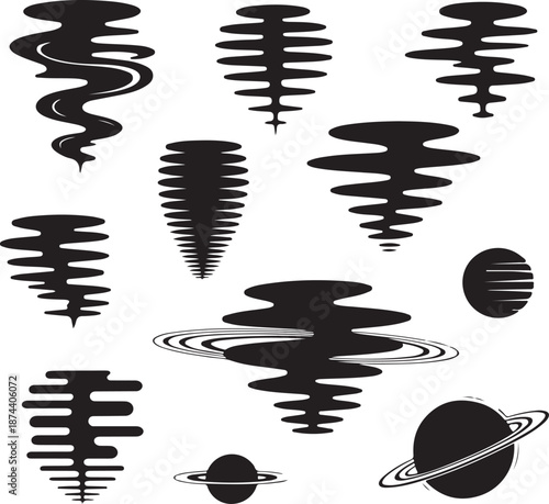 Abstract black shapes resembling planets and galaxies on white background