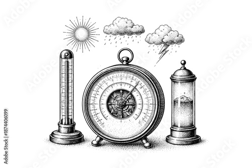 Intricate weather instruments in vintage stipple art style measuring temperature and atmospheric conditions