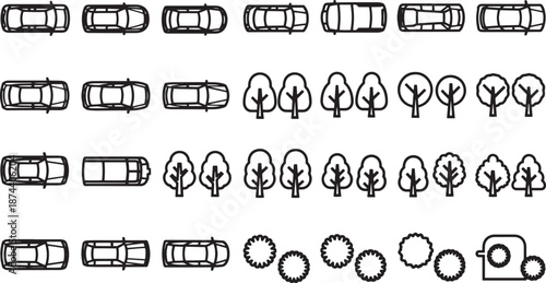 A meticulous schematic illustration showcases an array of vehicles, trees, and other urban elements, presented from an elevated perspective. The simplicity of the linear design gives it a modern look.