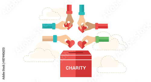 Multiple hands extending hearts towards a central charity donation box representing generosity and communal giving