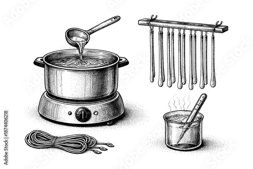 Vintage cooking and candle making tools in detailed engraving style