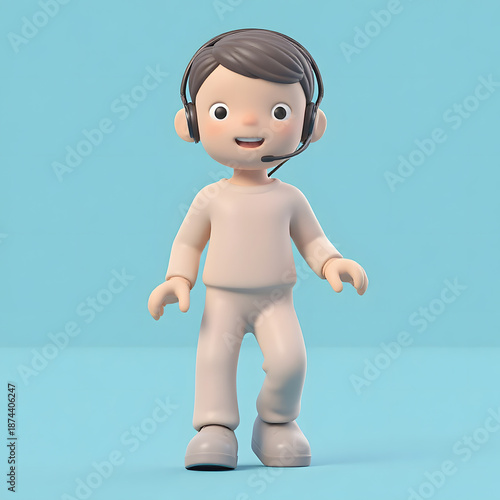 3D Cartoon Character with Headset on Blue Background｜ヘッドセットを着用した3Dカートゥーンキャラクターの青背景イラスト