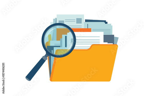 An illustrative vector of efficient document search, with a magnifying glass over an organized file folder, symbolizing information retrieval and data management