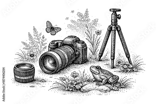 Intricate camera and nature scene with tripod and wildflowers in detailed stippling art