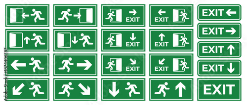 Collection of green emergency exit signs with running man symbols, arrows, and EXIT text, showing safe evacuation routes and directions. Ideal for fire safety systems, public buildings, offices