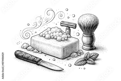 Vintage shaving tools with soap bubbles and brush in stipple art style