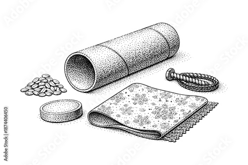 Textile craft elements with detailed intricate patterns in monochrome