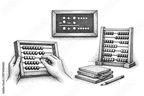 Vintage dot-style abacus collection with hands using abacus and chalkboard