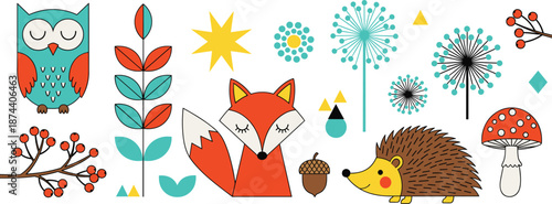 Cute woodland doodle illustration set with fox hedgehog owl plants mushrooms and abstract elements vector