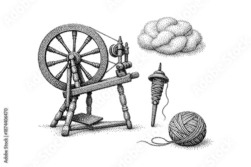 Vintage spinning wheel with yarn and cloud in stippling style