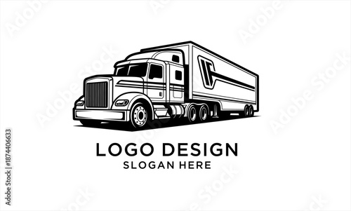 Classic American Semi Truck with Trailer Line Art Illustration.