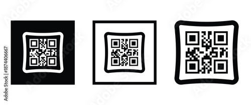 Three bold black square frames, each containing a classic black and white QR code pattern. Clean, minimalist vector design arranged horizontally on transparent background. Ideal for tech branding.