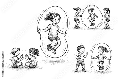 Playful children jumping rope and clapping hands in vintage sketch style