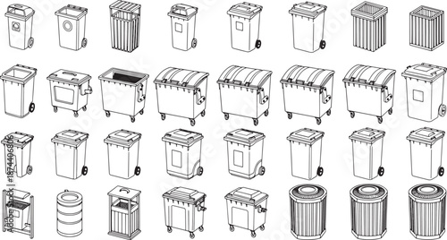 An array of waste containers, showcasing various sizes, shapes, and designs, highlighting a comprehensive collection of receptacles.