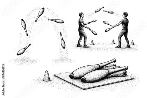 Dynamic juggling performance with club patterns and acrobatic displays