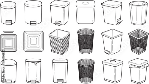 Array of various bins arranged neatly in an illustrative outline. Captures the essential designs of trash receptacle.
