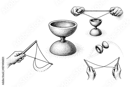 Vintage dot-style diabolo juggling scene with hand illustrations