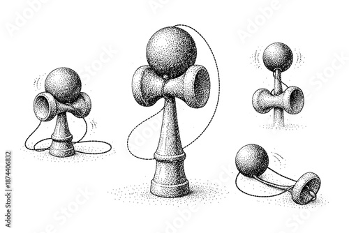 Vintage dotwork kendama designs with intricate details and variations