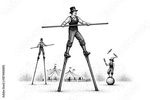Vintage circus performers balancing on stilts and juggling at a carnival tent