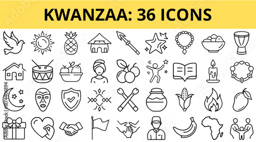 Kwanzaa celebration icons including symbols, fruits, and gifts  