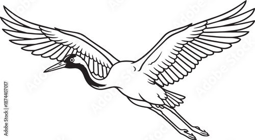 Black and White Flying Crane Line Art Vector Illustration