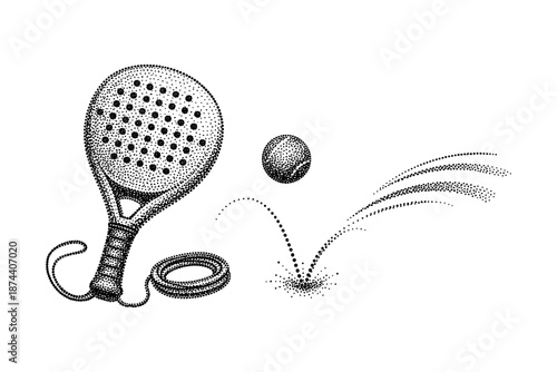 Vintage style padel racket and ball with halftone effect for sports design