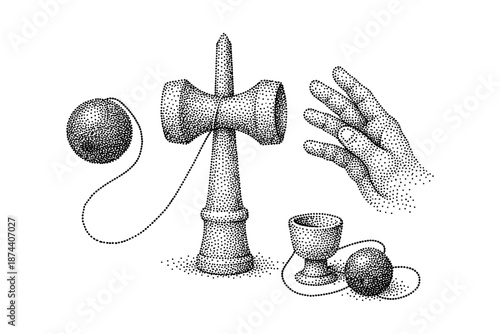 Detailed stippling art of kendama and hand with intricate dotwork technique